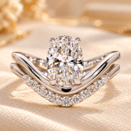 Front studio view of oval lab diamond bridal set