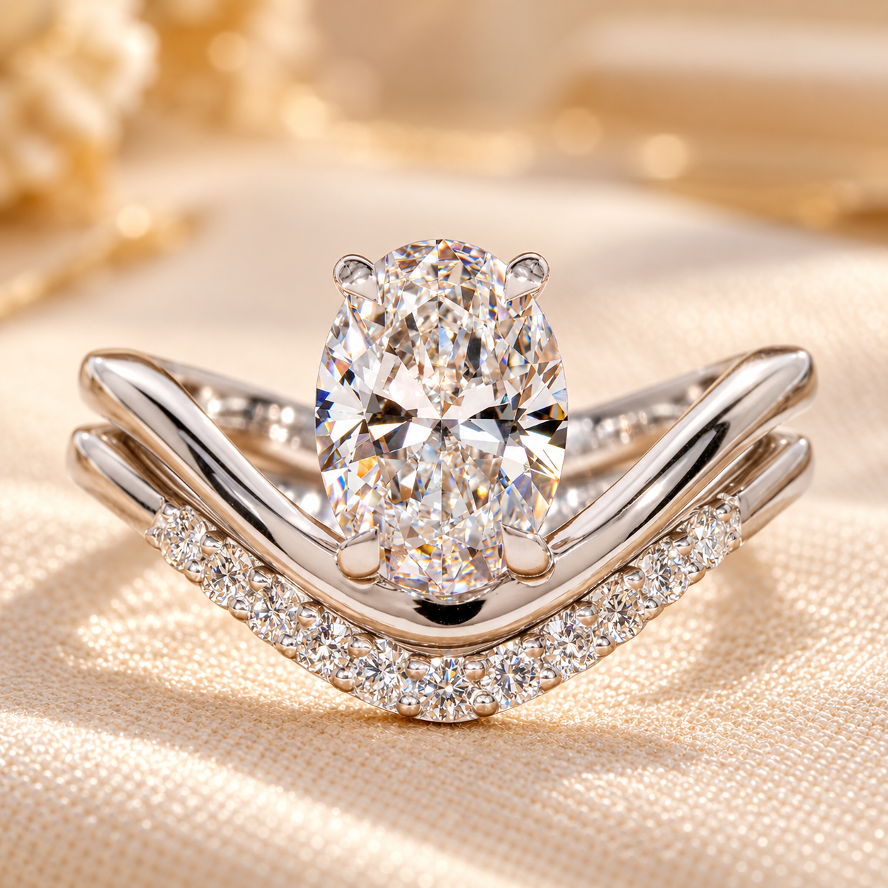 Oval Diamond Bridal Set on Cream Satin Oval Solitaire Engagement Ring With Curved Wedding Band,Lab Grown Diamond Bridal Sets,Wedding Bridal Sets,Oval Diamond Ring Set,Gift For Her - Image 1