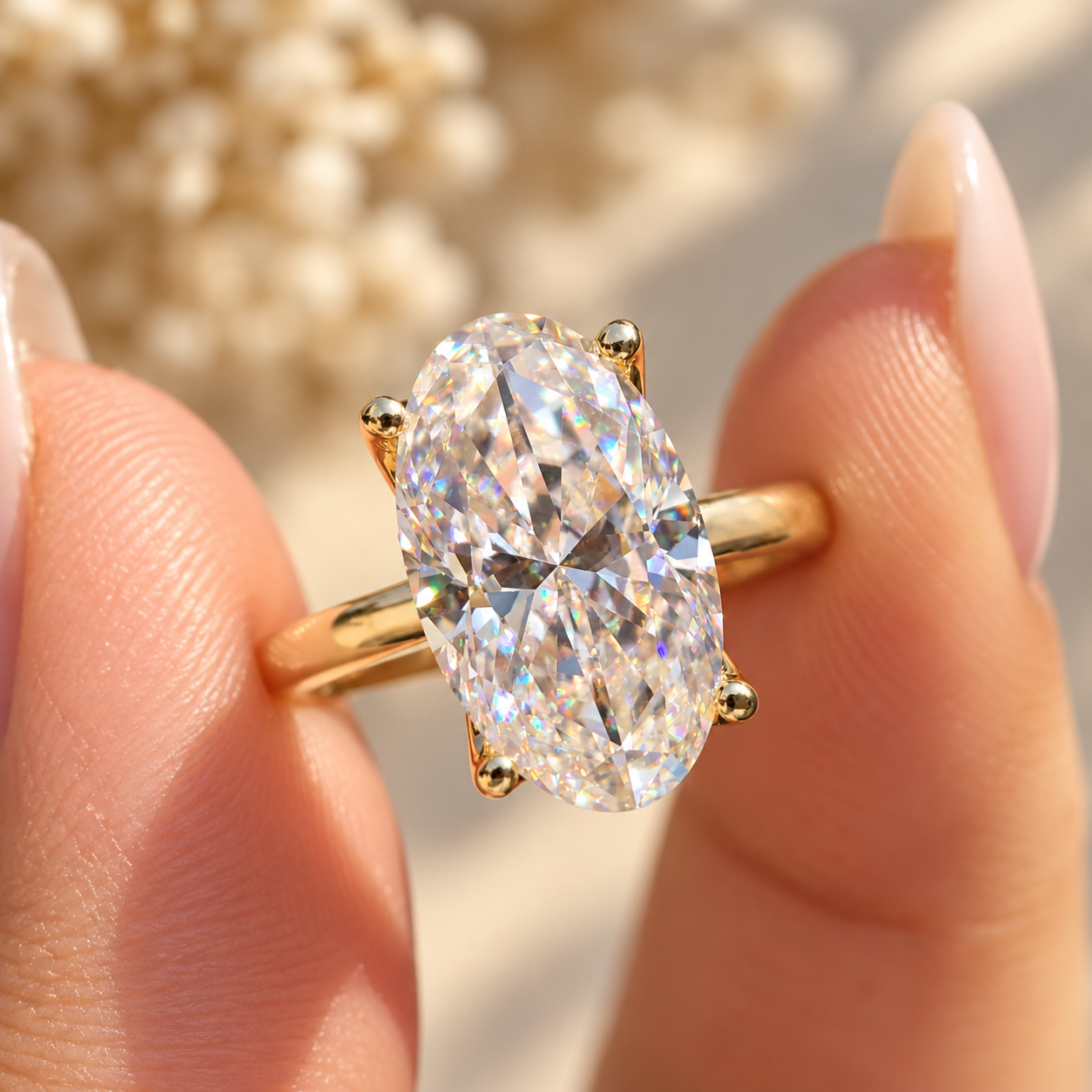 Oval Diamond Engagement Ring in Golden Light Elongated Oval Moissanite Solitaire Engagement Ring, Tulip Basket Set Moval Cut Moissanite Wedding Ring, Handmade Jewelry by Diamondrensu - Image 1