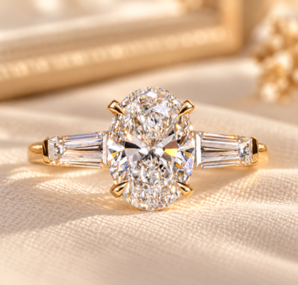 Front studio view of oval lab grown diamond ring with tapered baguettes