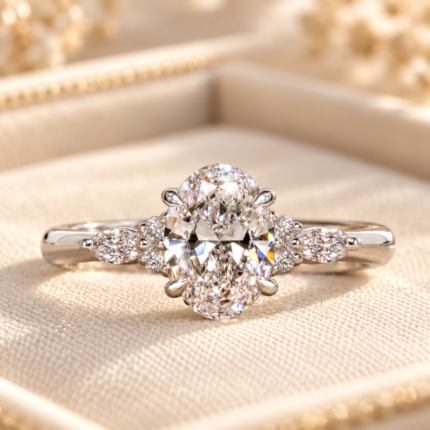 Oval seven stone ring with an oval center and marquise and round side accents in a polished white tone setting, front view