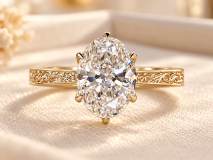 Front studio close-up of oval lab grown diamond filigree engagement ring
