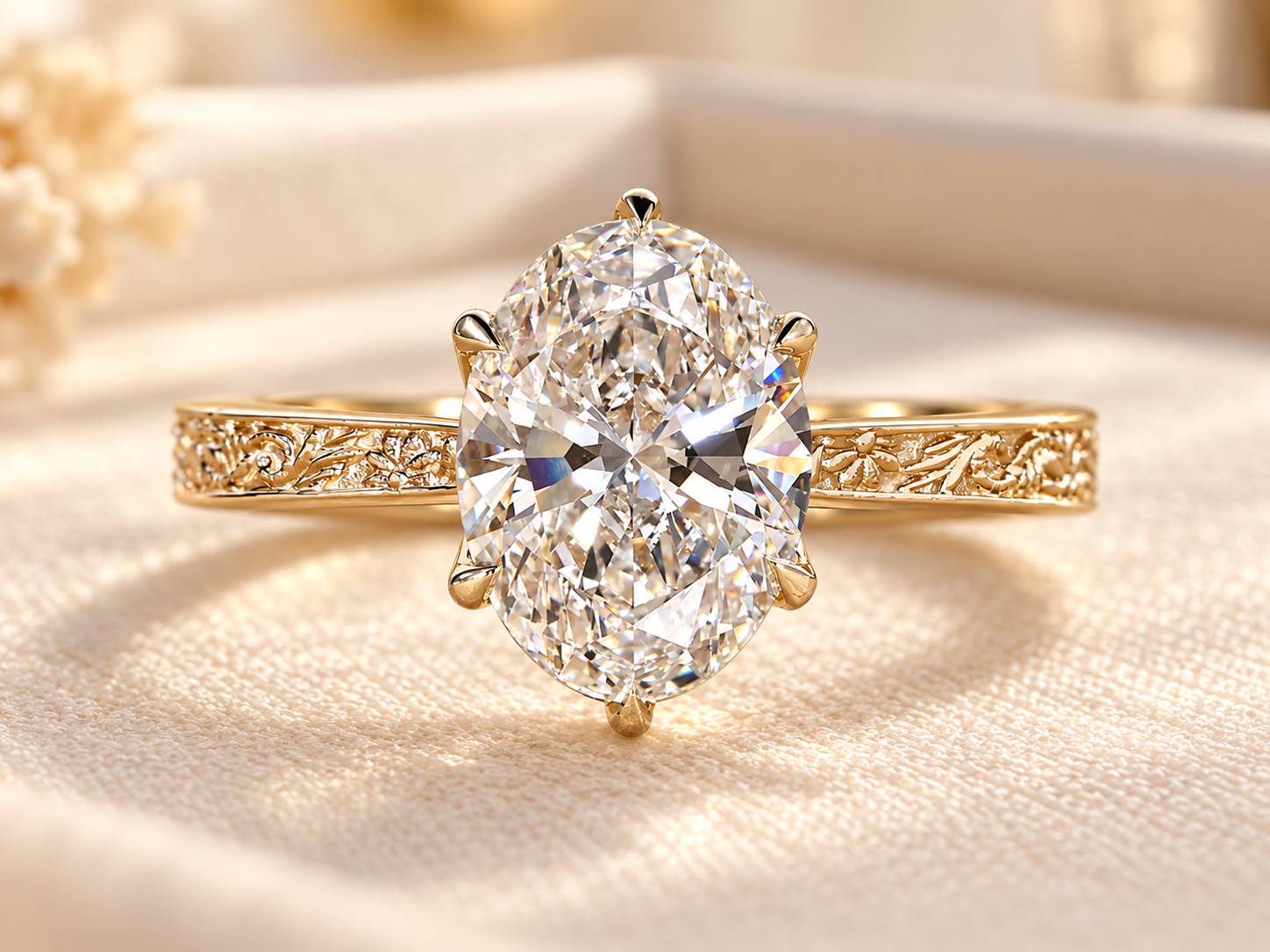 Oval Diamond Filigree Engagement Ring Engraved Oval Cut Lab Grown Diamond Ring, Filigree Handmade Engagement Ring with Tulip Basket Set, Vintage Gold Ring, Hidden Round Diamonds - Image 1