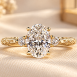 Oval Diamond 3 Stone Engagement Ring with Etched Detail, Tapered Wedding Ring for Her, Propose Ring, Handmade Engrave Detail by Diamond Vishwa