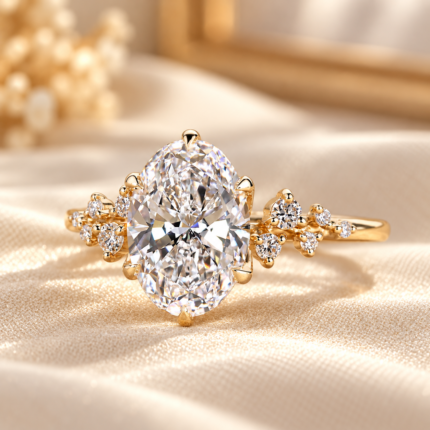 Oval cluster engagement ring with round side accents and a gold tone tulip setting, front view