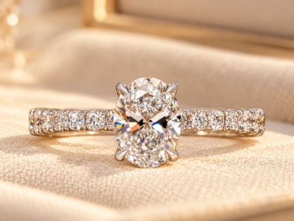 Front studio view of oval lab grown diamond engagement ring with tapered pavé band