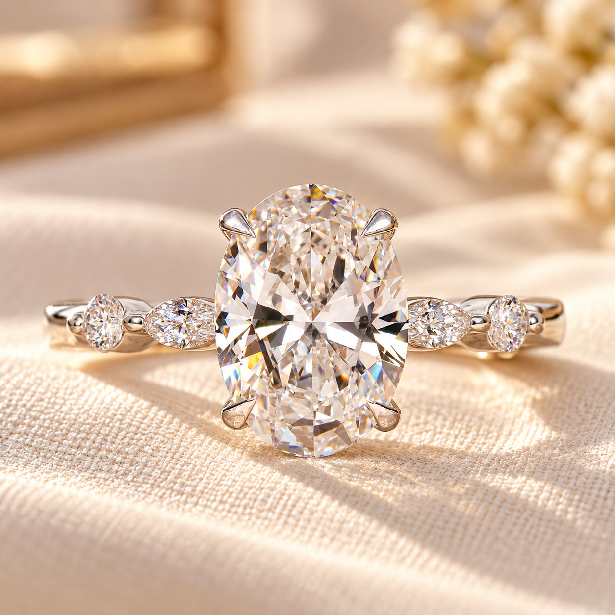 Oval Diamond Ring on Cream Fabric 2.00Ct Oval Cut Lab Grown Diamond Engagement Ring,Side Marquise and Round Diamonds,Wedding Ring For Her,5 Stone Ring,Anniversary Ring - Image 1