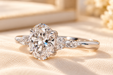 Angled front view of the oval seven stone ring showing the claw prongs and clustered diamond shoulders