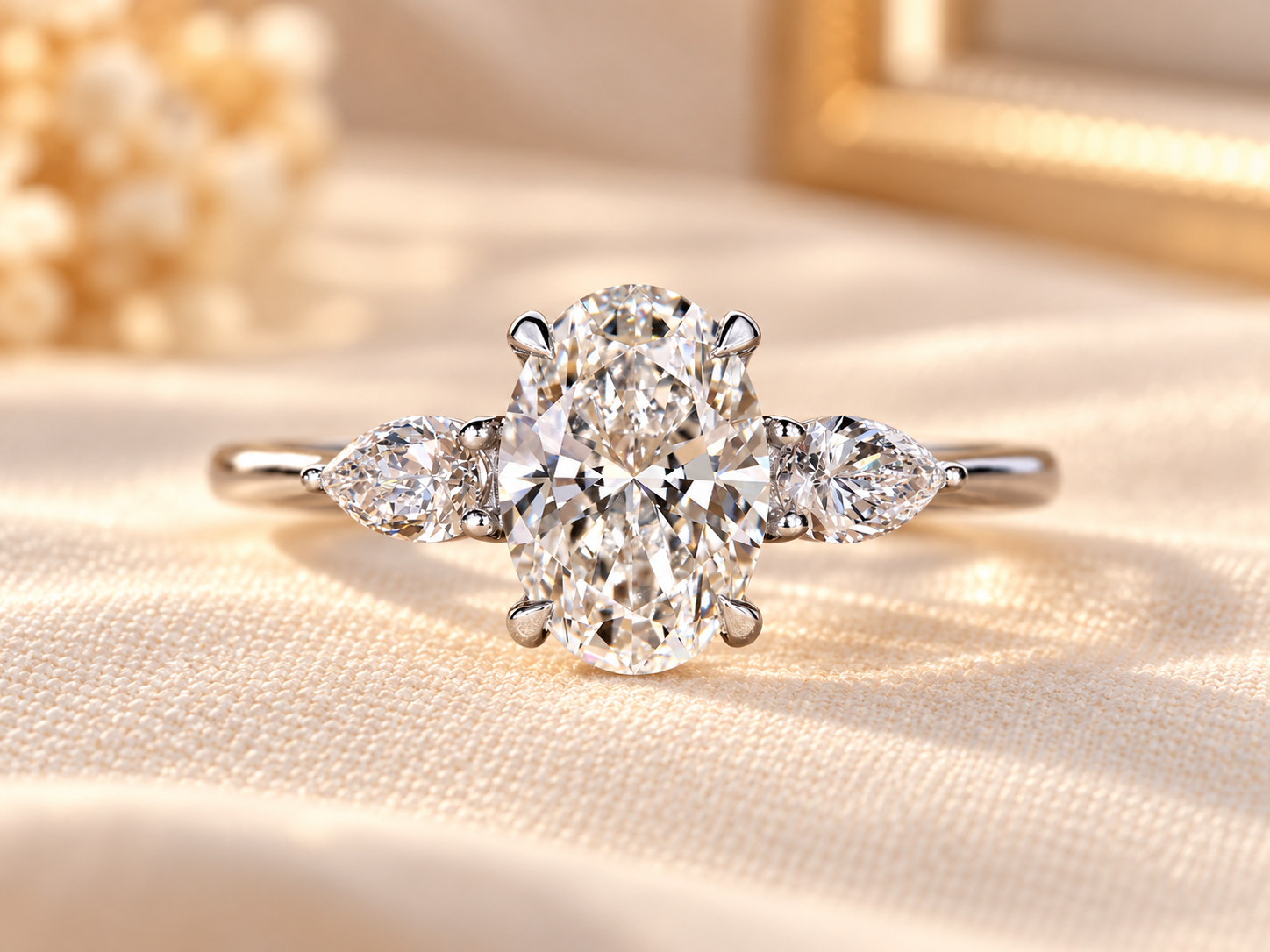Oval Diamond Ring on Creamy Satin Oval and Pear Lab Grown Diamond Engagement Ring, Three Stone Lab Created Diamond Wedding Ring, Marriage Proposal Ring - Image 1