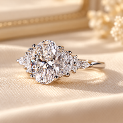 Front studio view of oval lab diamond with clustered shoulders