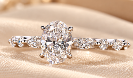 Front close-up of oval diamond cathedral ring and accent band