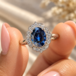 Royal Blue Moissanite Oval Engagement Ring, Milgrain Set Halo Wedding Ring, Vintage Engagement Ring, Anniversary Gift for Her, Propose Ring