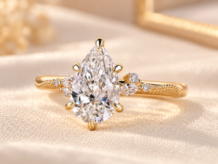 Vintage pear engagement ring, angled front view on cream fabric