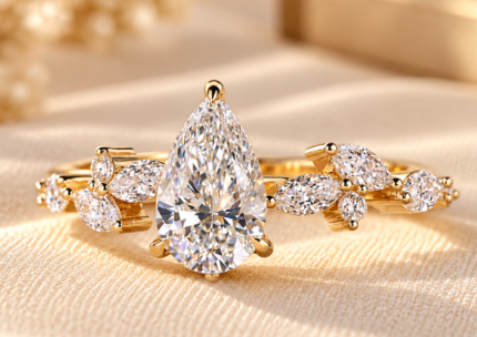 Pear diamond cluster ring with marquise and round side diamonds on a yellow gold tone band, front view