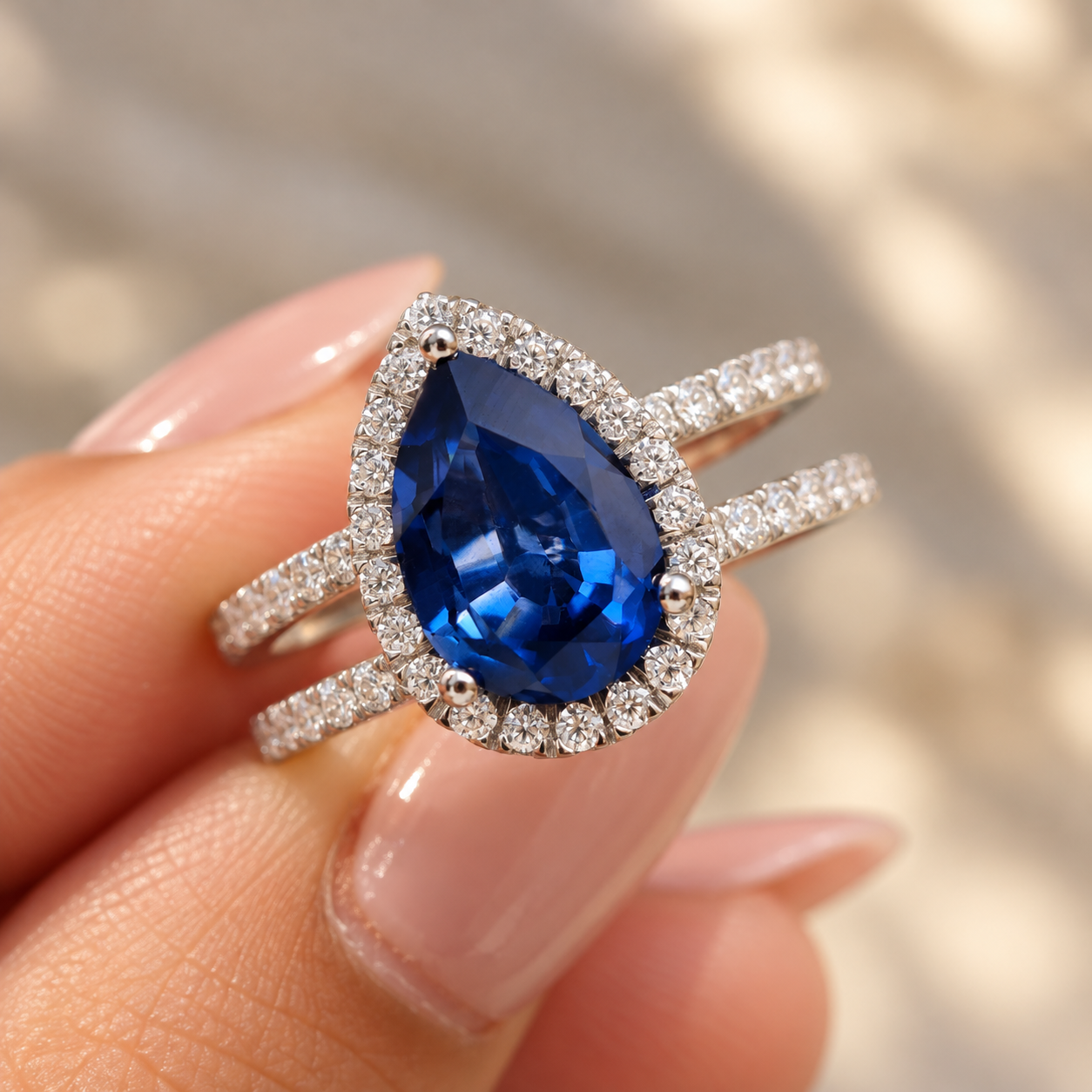 Pear Sapphire Halo Ring in Hand Pear Cut Blue Sapphire Halo Engagement Ring with Double Row Pave Setting, Birthstone Wedding Ring for Her, Anniversary Gift Ring for Women - Image 1