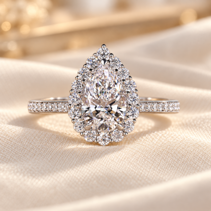 Front studio view of pear lab grown diamond cluster halo ring