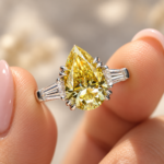 Canary Yellow Pear Cut Moissanite 3 Stone Engagement Ring, Side Tapered Baguette Cut Moissanite, Wedding Ring for Her, Anniversary Gift Ring