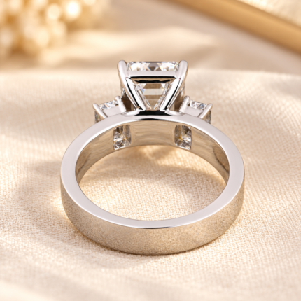 Rear gallery of the wide band emerald ring showing the three diamond settings and polished band