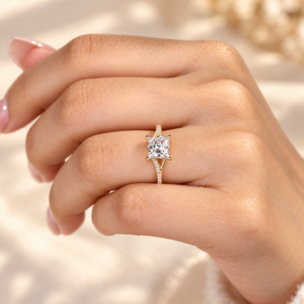 Top hand close-up of princess lab diamond split shank ring