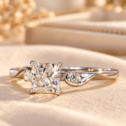 Three-quarter studio view of princess diamond ring with round side stones