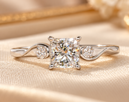 Front studio close-up of princess lab grown diamond three stone engagement ring