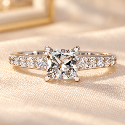 Princess cut lab grown diamond engagement ring with tapered pavé band, front view on cream fabric