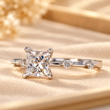Angled close-up of princess center and four round accent diamonds