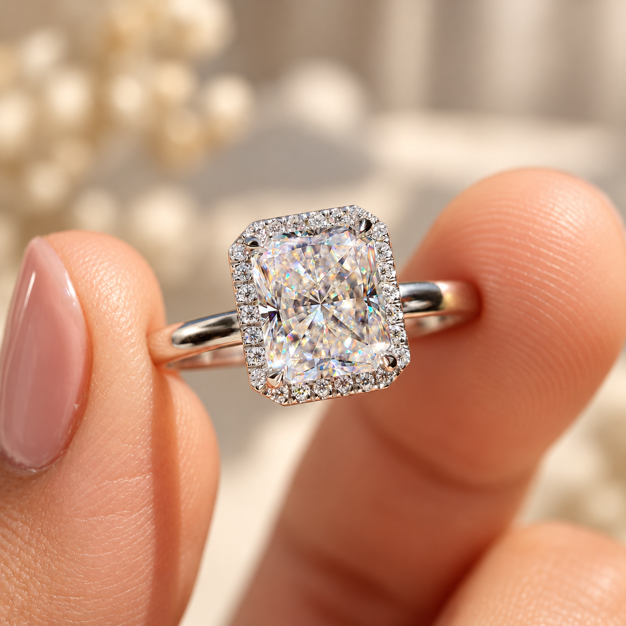 Radiant Diamond Halo Ring in Warm Light Radiant Cut Moissanite Halo Engagement Ring with Comfort Fit Setting, Wedding Ring for Her, Anniversary Gift Ring, Handmade by Diamond Vishwa - Image 1