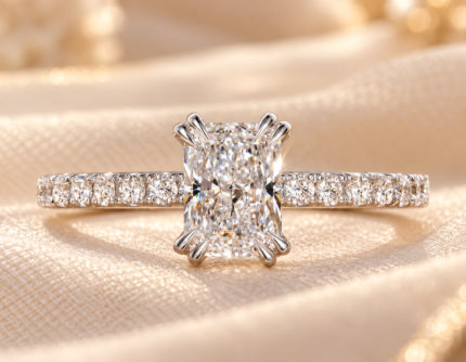 Front view of the radiant center with double claw prongs and pavé shoulders