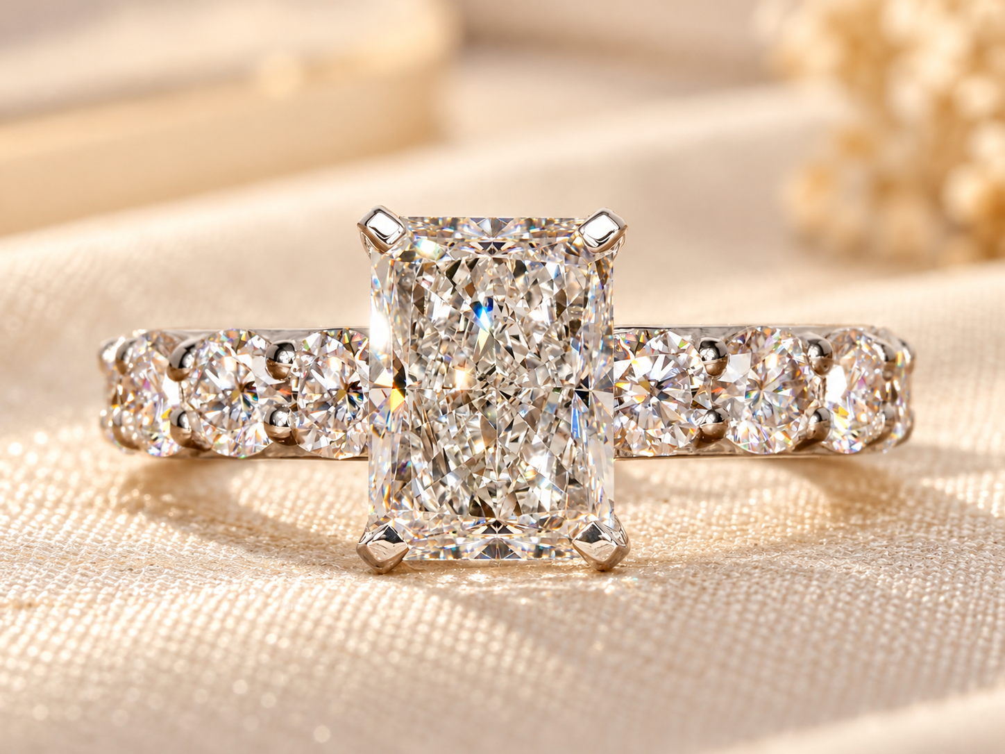 Radiant Diamond Ring on Ivory Satin 3.00 Carat Radiant Cut Lab Grown Diamond Ring,Hidden Halo,Side 3.50MM Round Diamonds,Wedding Ring,Gift For her - Image 1
