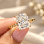Radiant Cut Moissanite Hidden Halo Twisted Engagement Ring, 4 Claw Prong Set Comfort Fit Wedding Ring for Her, Yellow/White/Rose Gold Ring