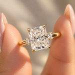 Radiant Cut Moissanite Three Stone Engagement Ring with Hidden Halo, Moissanite Wedding Ring, Comfort Fit Euro Shank Ring, Solid Gold Ring
