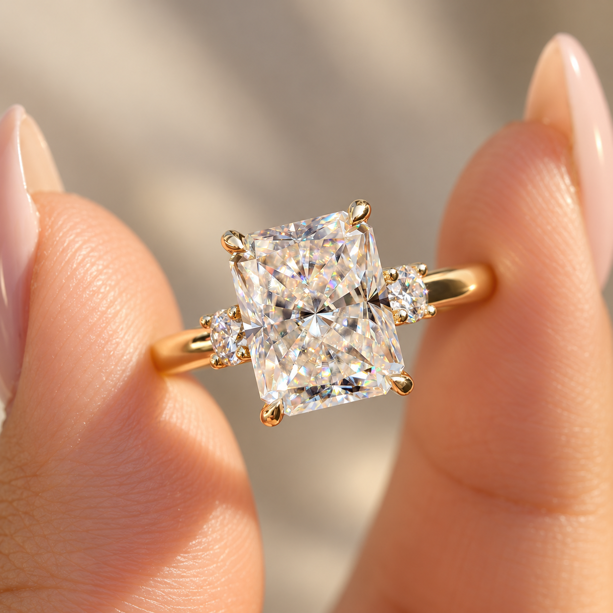 Radiant Gold Diamond Ring Close-Up Radiant Cut Moissanite Three Stone Engagement Ring with Hidden Halo, Moissanite Wedding Ring, Comfort Fit Euro Shank Ring, Solid Gold Ring - Image 1