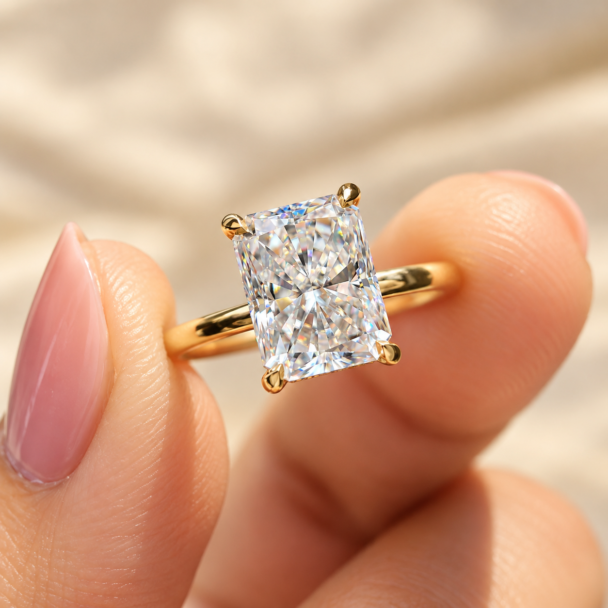 Radiant Gold Ring Close-Up Radiant Cut Moissanite Solitaire Engagement Ring with Hidden Halo Setting, Classic Comfort Wedding Ring for Her, Anniversary Ring for Women - Image 1