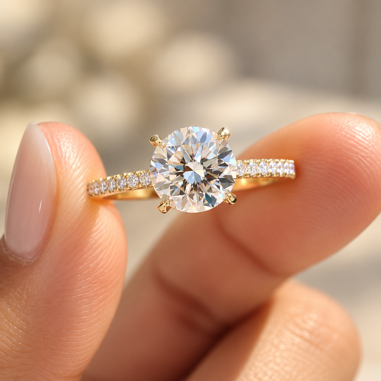 Radiant Gold Solitaire Ring Round Moissanite Pave Engagement Ring, Classic Traditional Wedding Ring for Her, Anniversary Ring for Women, Yellow/White/Rose Gold Ring - Image 1