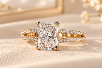 Front close-up of radiant lab grown diamond ring with gold split shank pavé band
