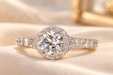 Round Lab Diamond Halo Ring with Split-Shank Pavé Band — front view of round halo and pavé shoulders