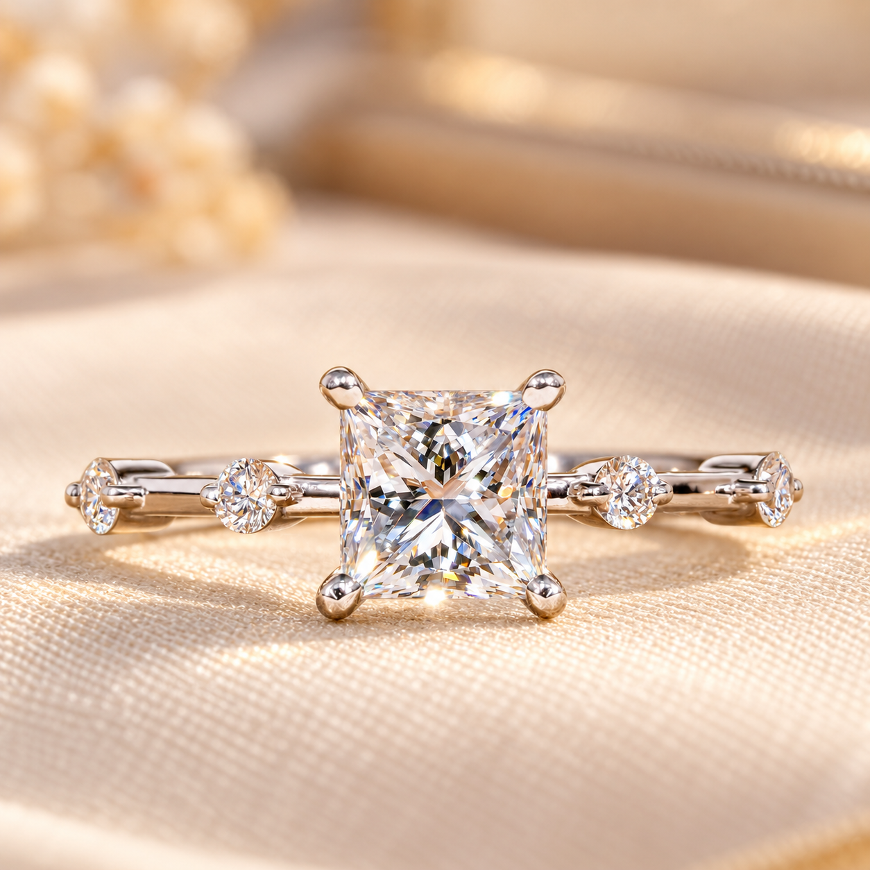 Radiant Princess-Cut Diamond Ring Princess Cut 1.00Ct Lab Grown Diamond Engagement Ring, 14k White Gold Pave Band, Wedding Gifts, Fine Jewelry - Image 1