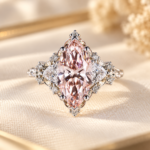 Pink Marquise Nature Inspired Engagement Ring in Lab Grown Diamond, Trillion and Round Cut Accent Diamonds,  Wedding Ring for Women