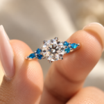 Tulip Basket Set Round Moissanite Engagement Ring with Side Sapphire, 7 Stone Wedding Ring for Her, Anniversary Gift Ring, Handmade Ring