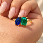 Emerald and Pear Cut Gemstone Toi Et Moi Engagement Ring, Emerald and Blue Sapphire Wedding Ring, 2 Stone Promise Ring for Her, Comfort Fit