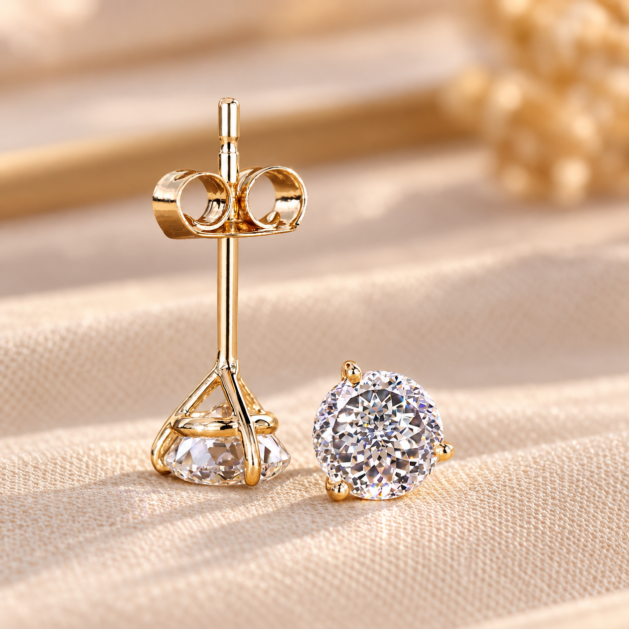 Sparkling Gold Diamond Stud Earrings Portuguese Diamond Stud Earrings in Martini Setting, Lab Grown Diamond Studs for Women, Wedding Earrings for Her, Anniversary/Birthday Gifts - Image 1