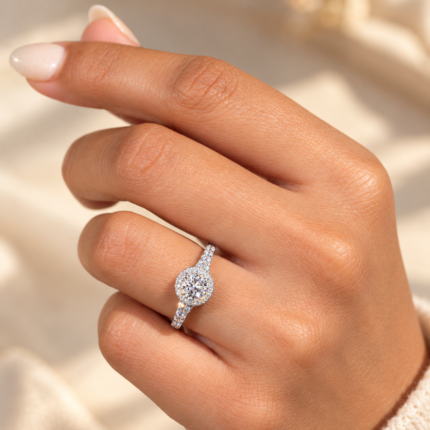 Round Lab Diamond Halo Ring with Split-Shank Pavé Band — worn on a hand