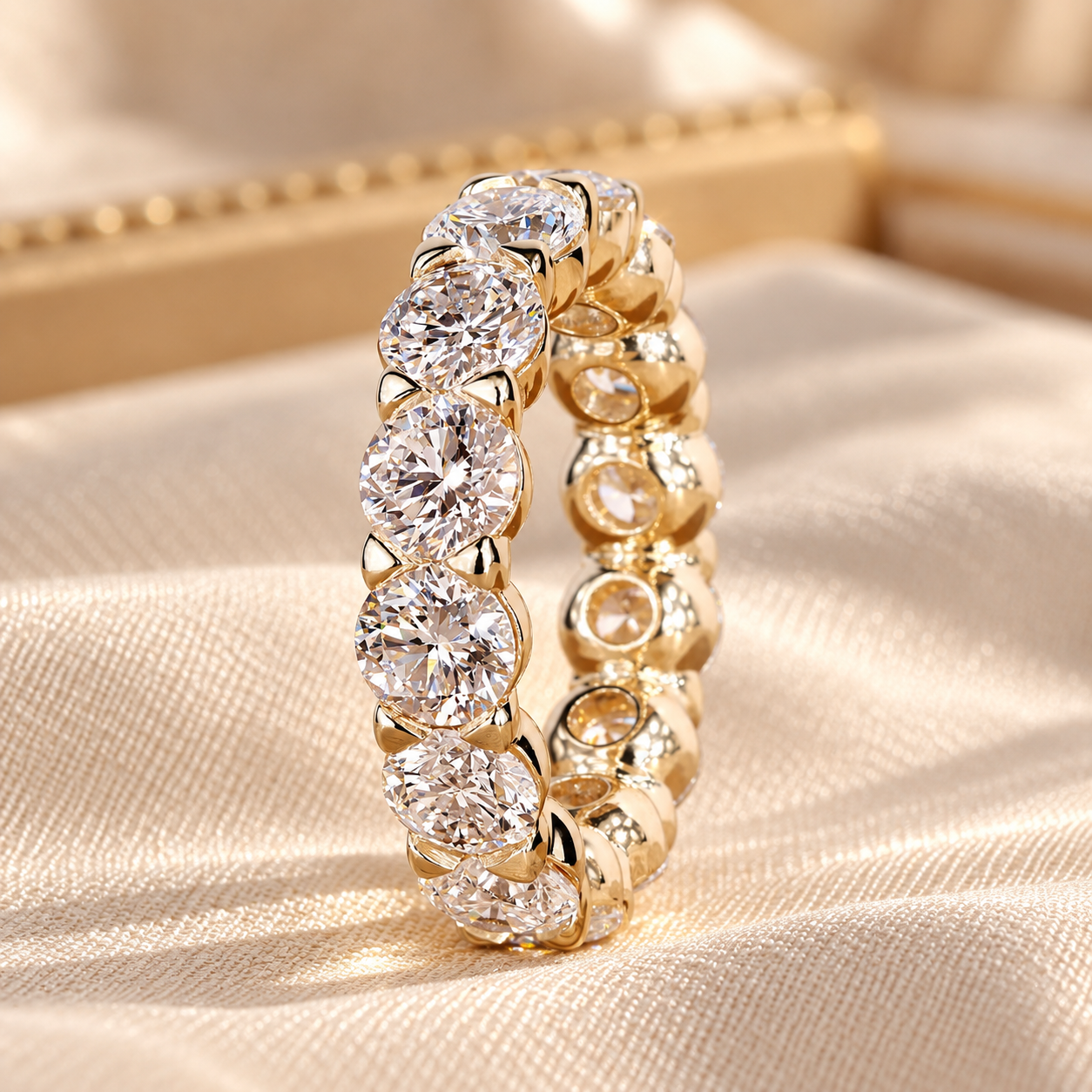 Sparkling Yellow Gold Diamond Eternity Ring Round Cut Lab Grown Diamond Band, Full Eternity Wedding Band for Women, Single Prong Comfort Fit Setting, Anniversary/Birthday Gifts - Image 1