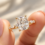 Crushed Ice Cushion Moissanite Hidden Halo Engagement Ring, Shared Prong Pave Set Wedding Ring, Hidden Birthstone Ring for Her, Promise Ring