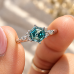 Hexagon Step Cut Moissanite Engagement Ring, 7 Stone Wedding Ring for Her, Cyan Blue Moissanite Ring, Yellow/White/Rose Gold Ring for Women
