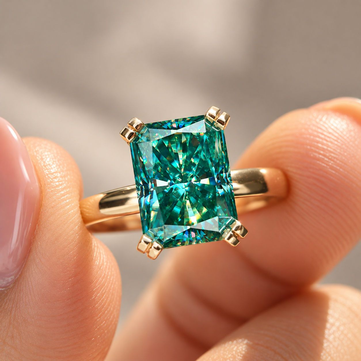 Teal Gemstone Gold Ring Close-Up Cyan Blue Radiant Cut Moissanite Solitaire Wedding Ring, Comfort Fit Engagement Ring, Promise Ring for Her, Anniversary Gift Ring for Women - Image 1