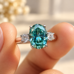 Tulip Basket Set Three Stone Oval Engagement Ring, Side Round Moissanite Wedding Ring, Cyan Blue Oval Promise Ring for Her, Anniversary Gift