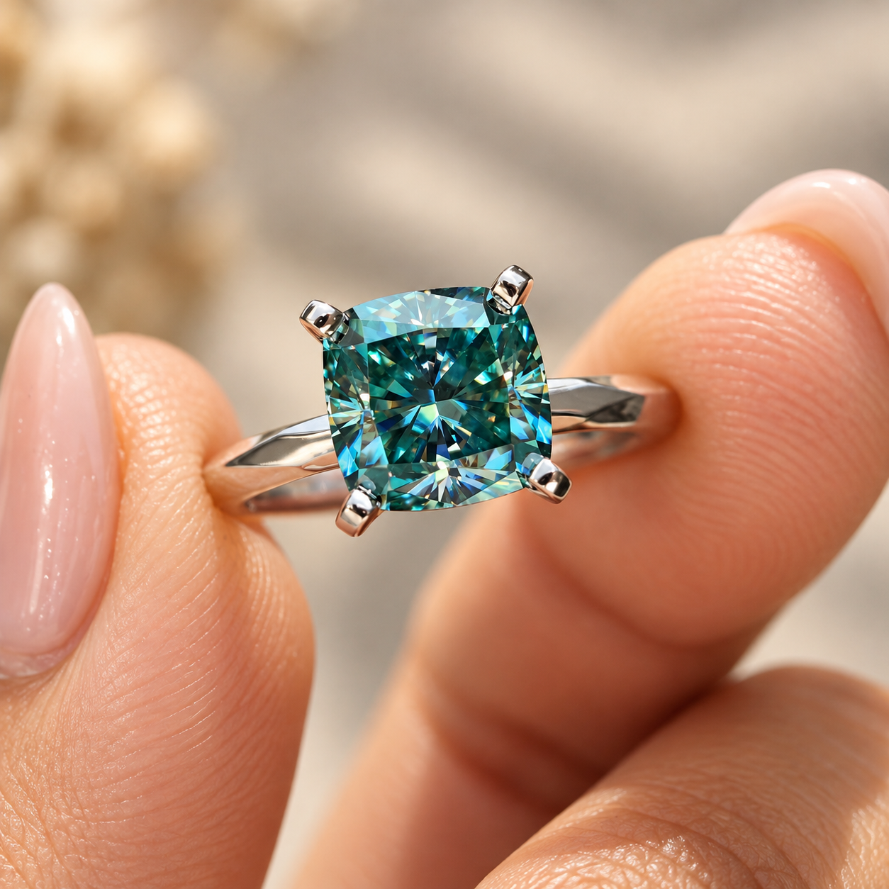 Teal Gemstone Ring in Soft Light Cushion Moissanite Solitaire Engagement Ring with Hammer Finish Band, Cyan Blue Moissanite Knife Edge Wedding Ring for Her, Anniversary Ring - Image 1