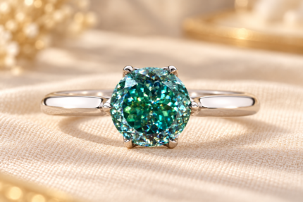 Front view of blue Portuguese cut moissanite solitaire engagement ring in white metal